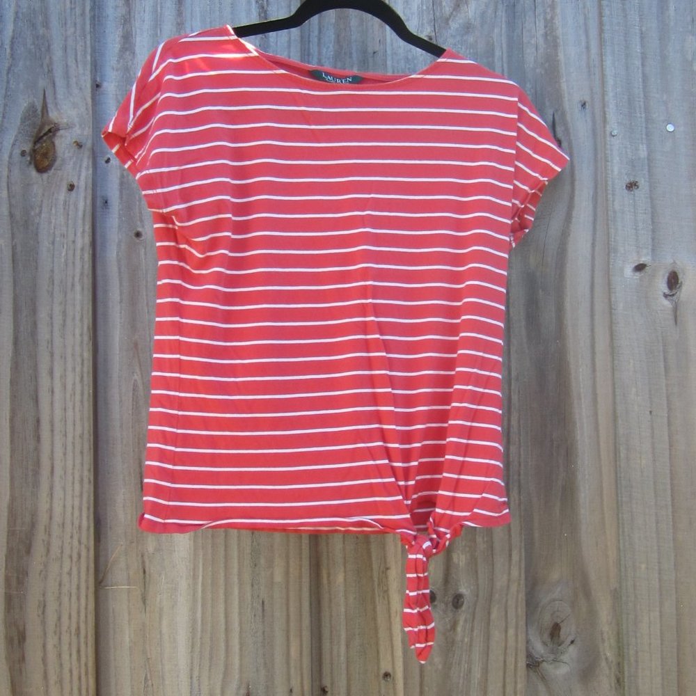 Woman's Small Coral/White Striped Lauren Ralph Lauren Short Sleeve Crop Top
